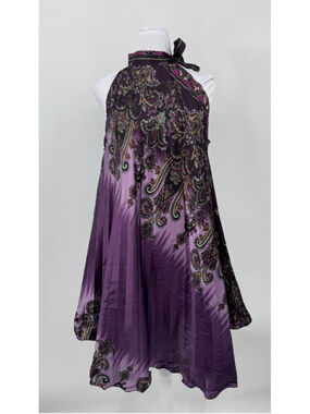 Y2K Swing Dress Halter Neck with Tie Purple Paisley Plisse Pleated Whimsigoth